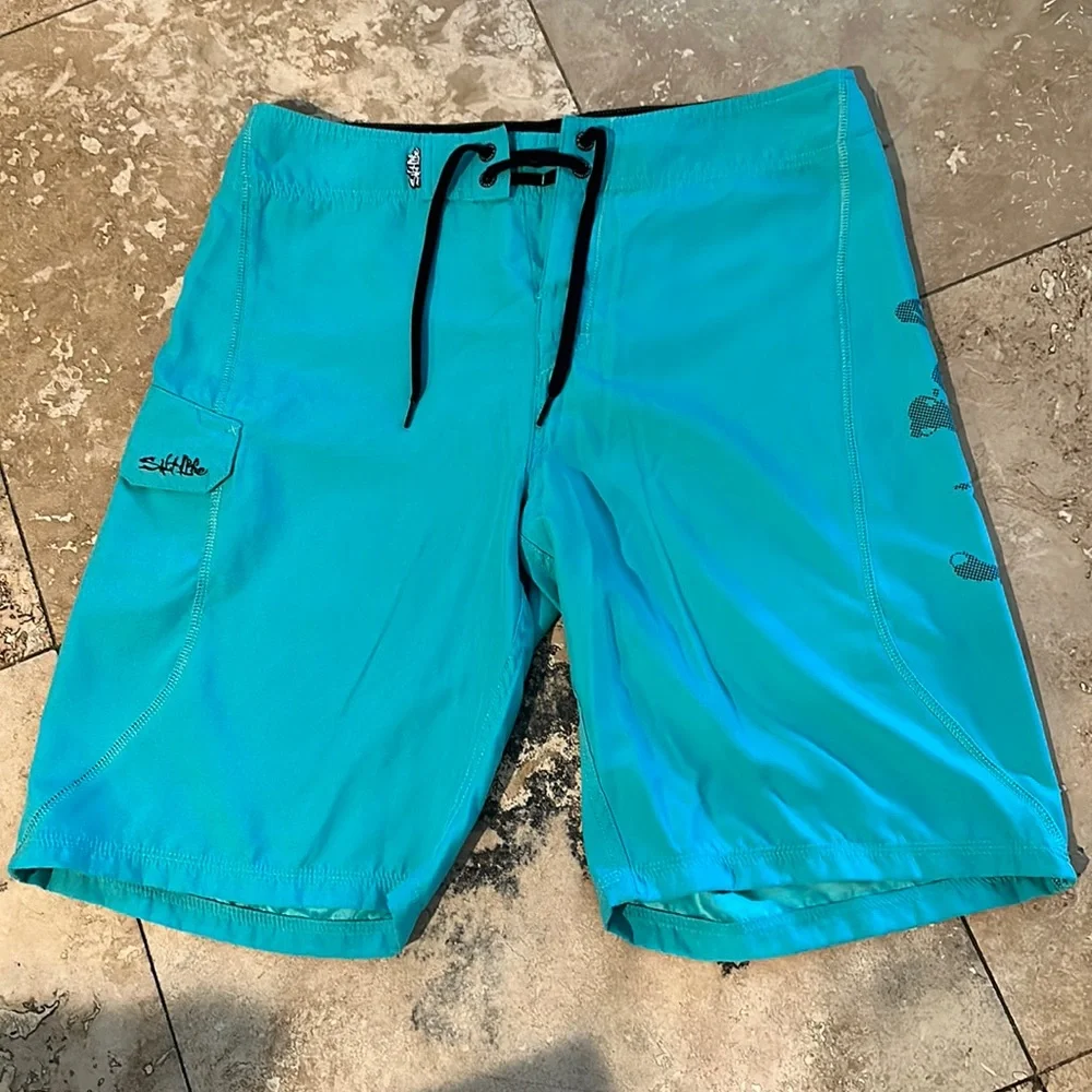 Men’s Sallt Life SL X-QD Board Shorts 32 teal blue/green color skull